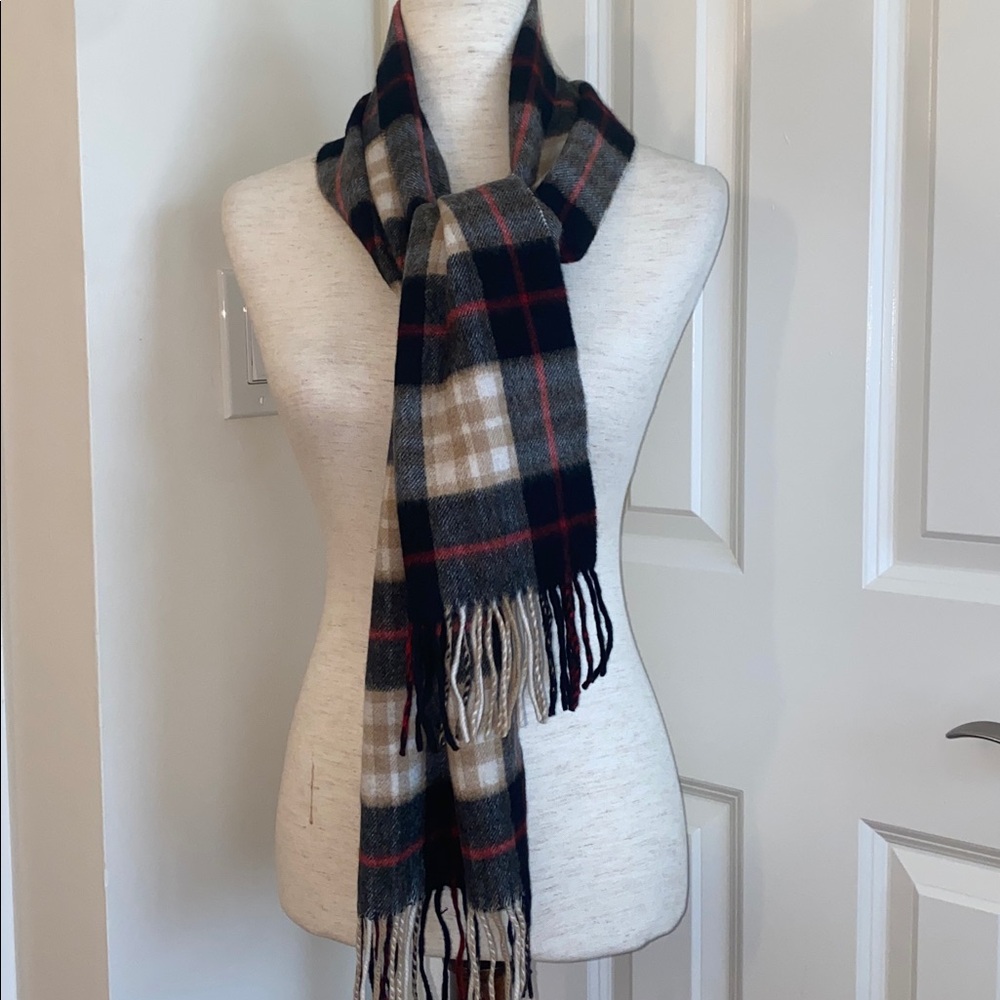 Amicale Cashmere Tartan Fringe Scarf - Blue, Red & Cream